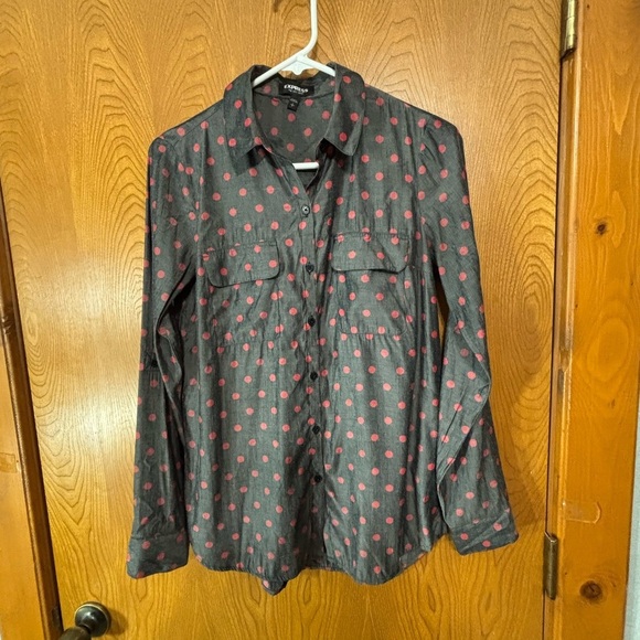 Express Charcoal and Pink Polka Dot Button-Down Shirt - Picture 1 of 8